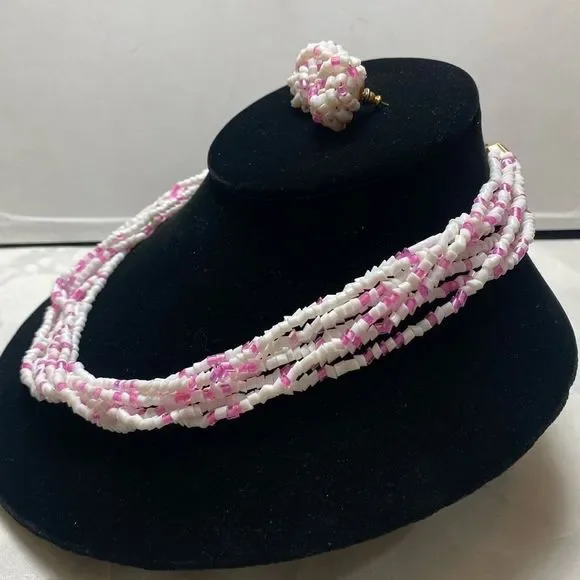 Vintage Pink and White Bohemian Glass MultiStrand Necklace Set NWT - Picture 7 of 15